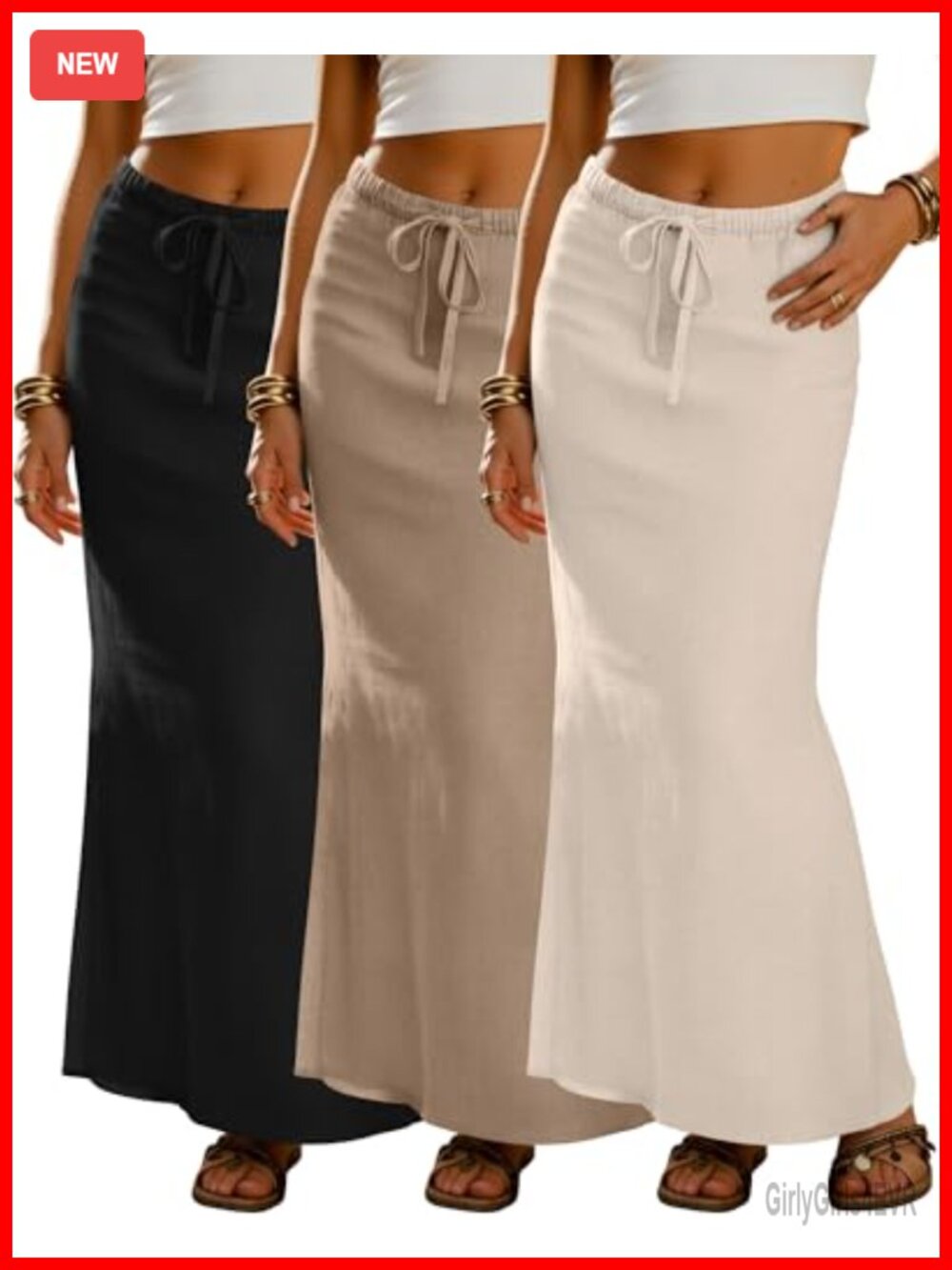 3 Pack Women Cotton Linen Maxi Skirt Drawstring Ankle Length